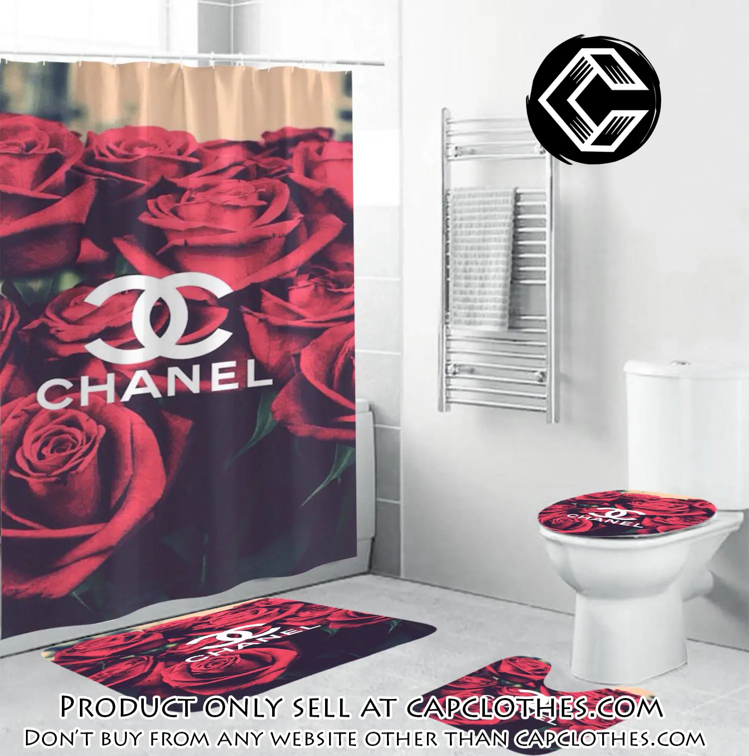 Coco chanel logo in red roses background bathroom set shower curtain cc4222970